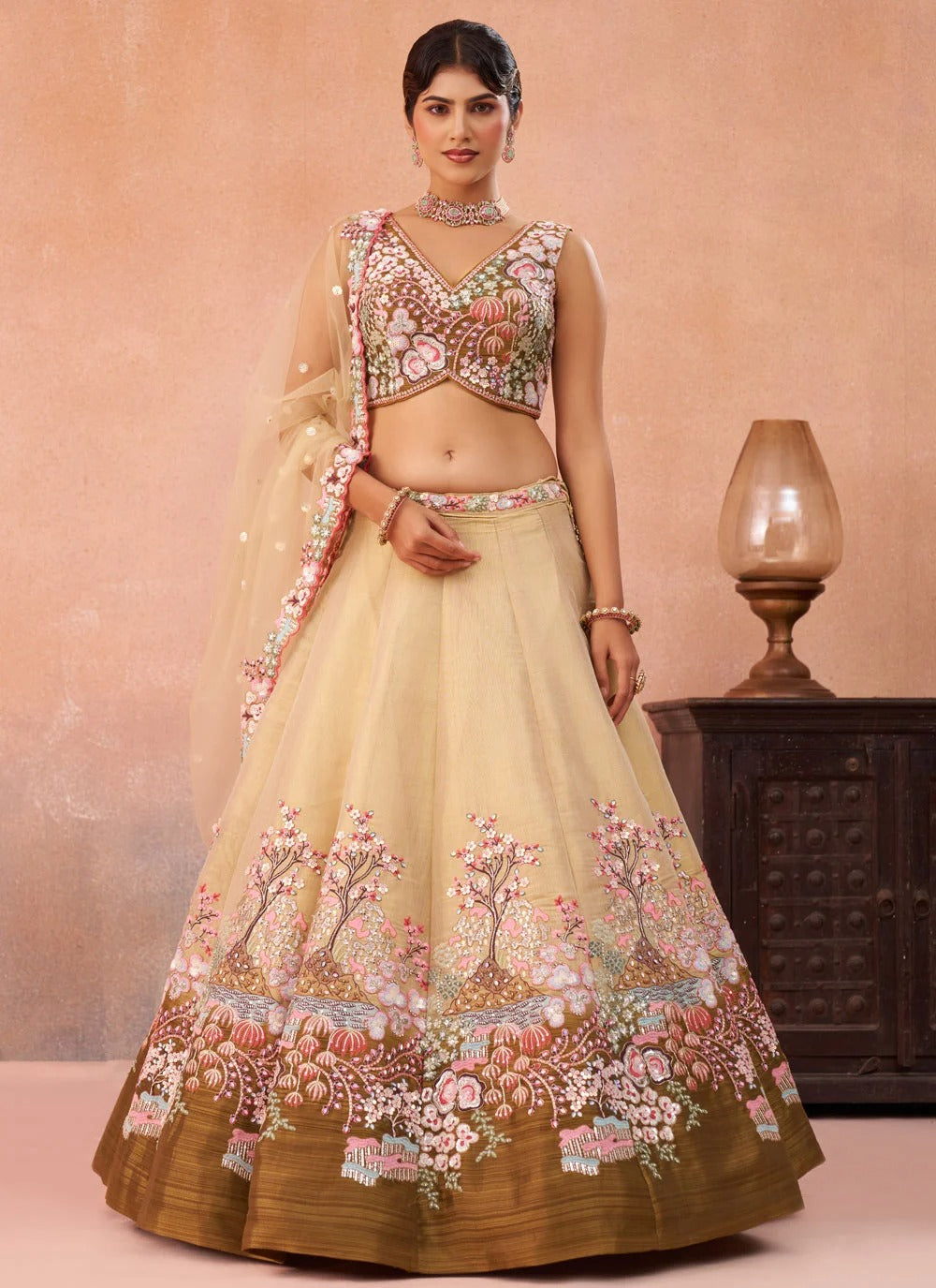 Mustard heavy embroidered bridal lehenga in ombre beige and olive