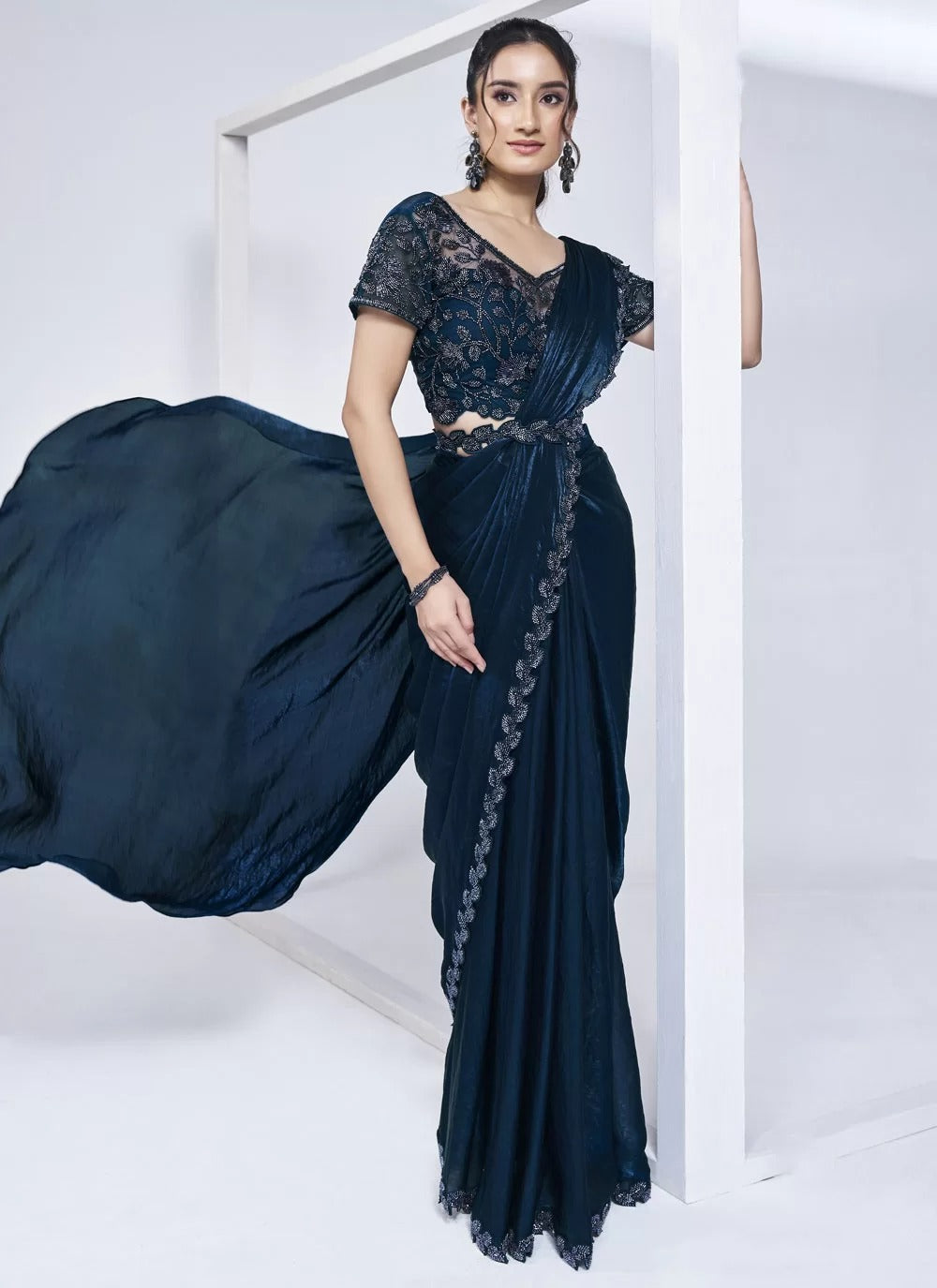 Captivating morpeach satin silk ready to wear one minute saree with handwork