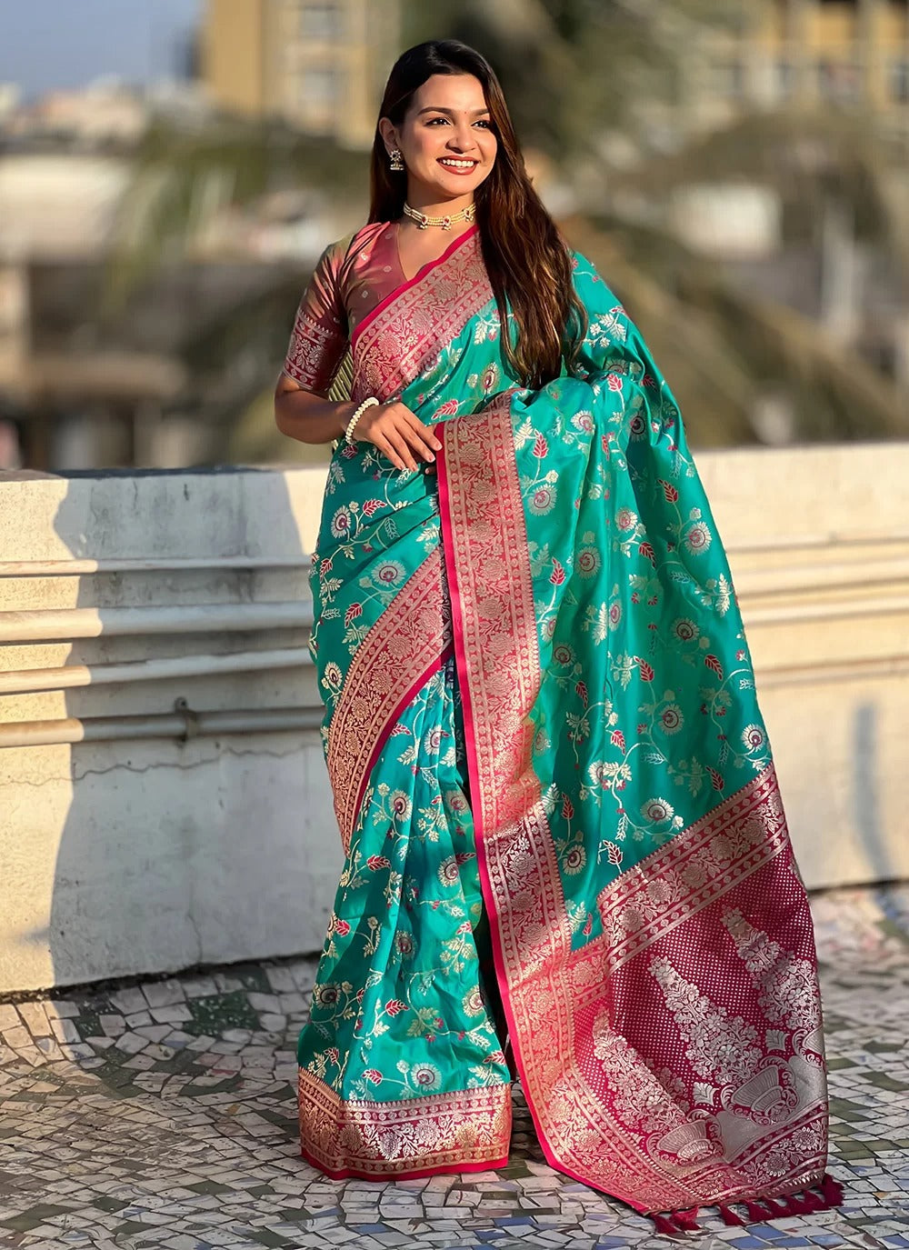 Graceful rama blue banarasi soft silk saree with zari work