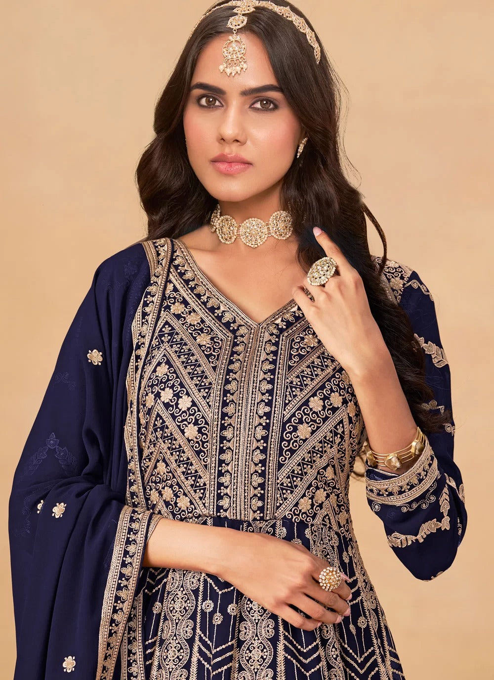 Imperial blue faux georgette abaya style anarkali suit with embroidery