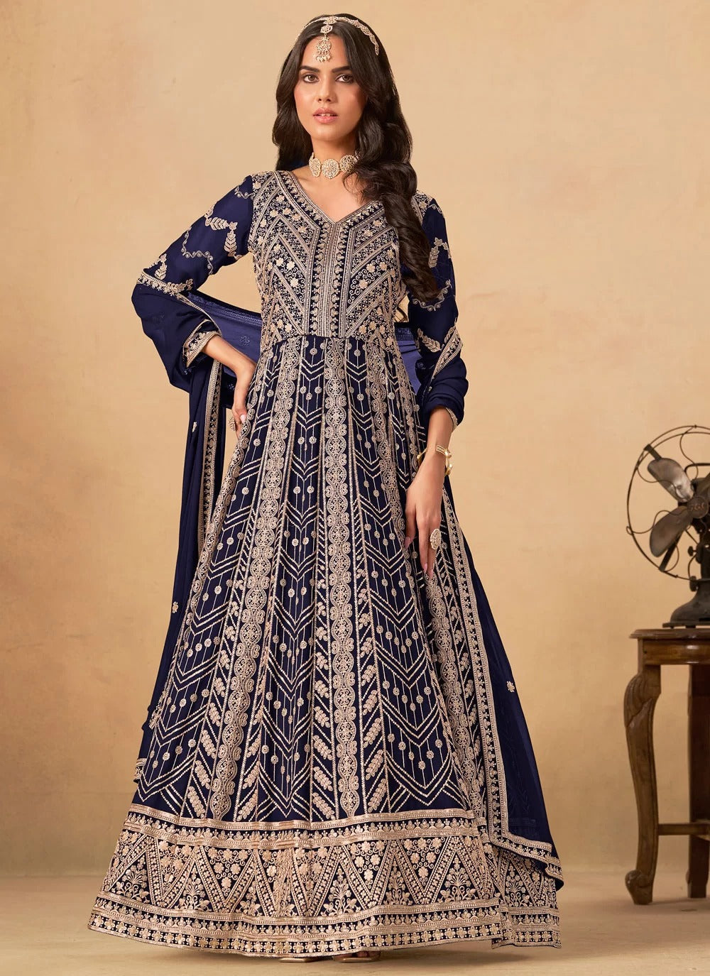Imperial blue faux georgette abaya style anarkali suit with embroidery