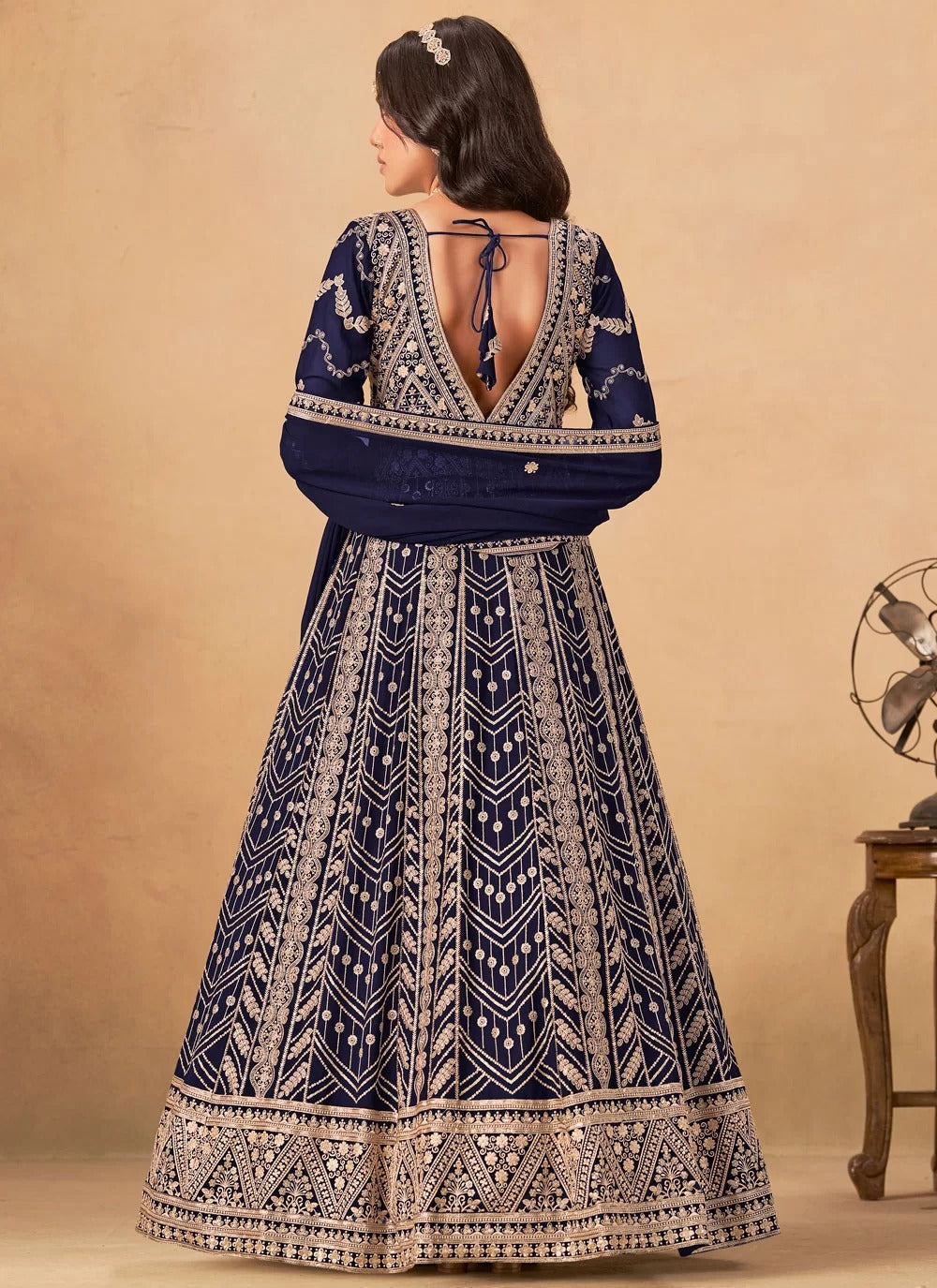 Imperial blue faux georgette abaya style anarkali suit with embroidery