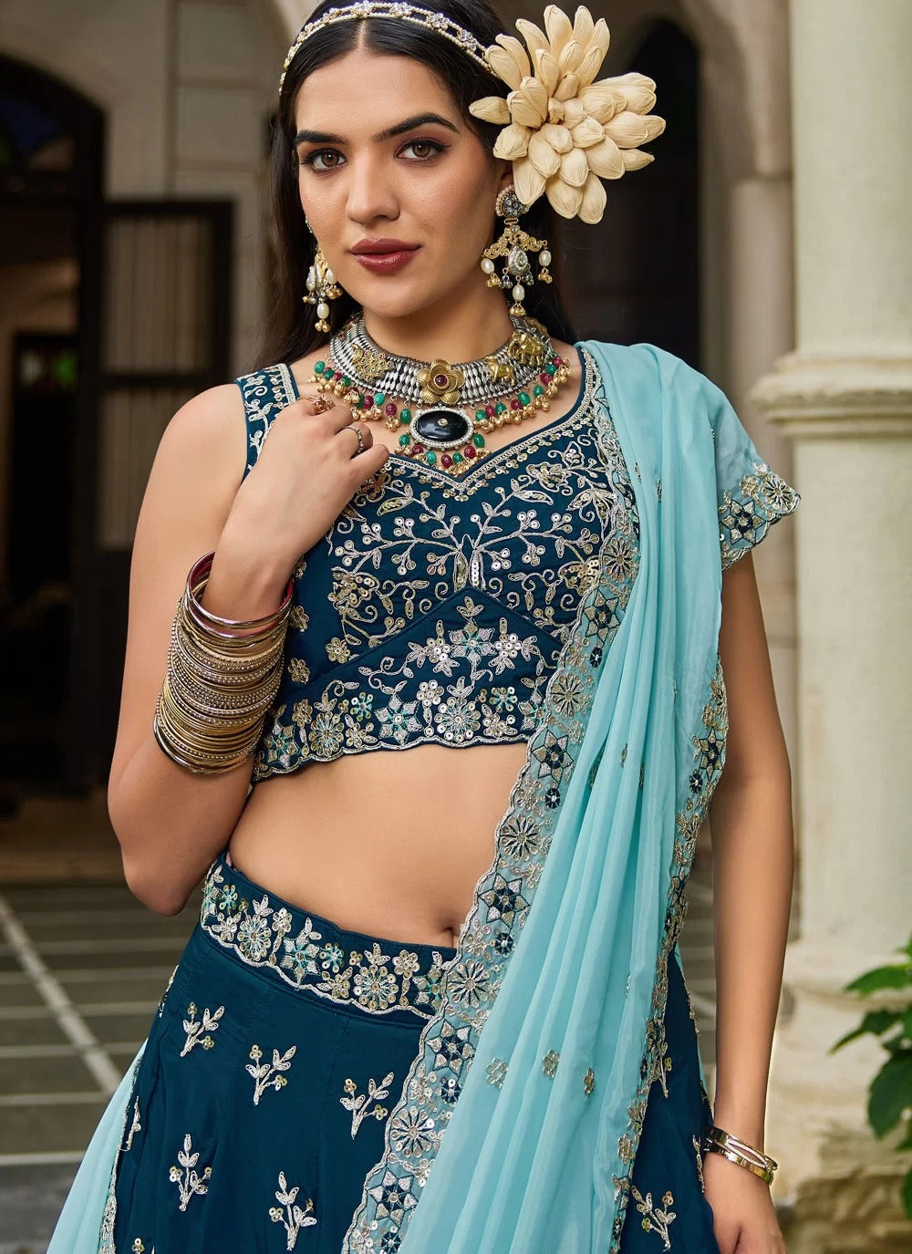 Imperial navy blue organza designer lehenga with sequins embroidery