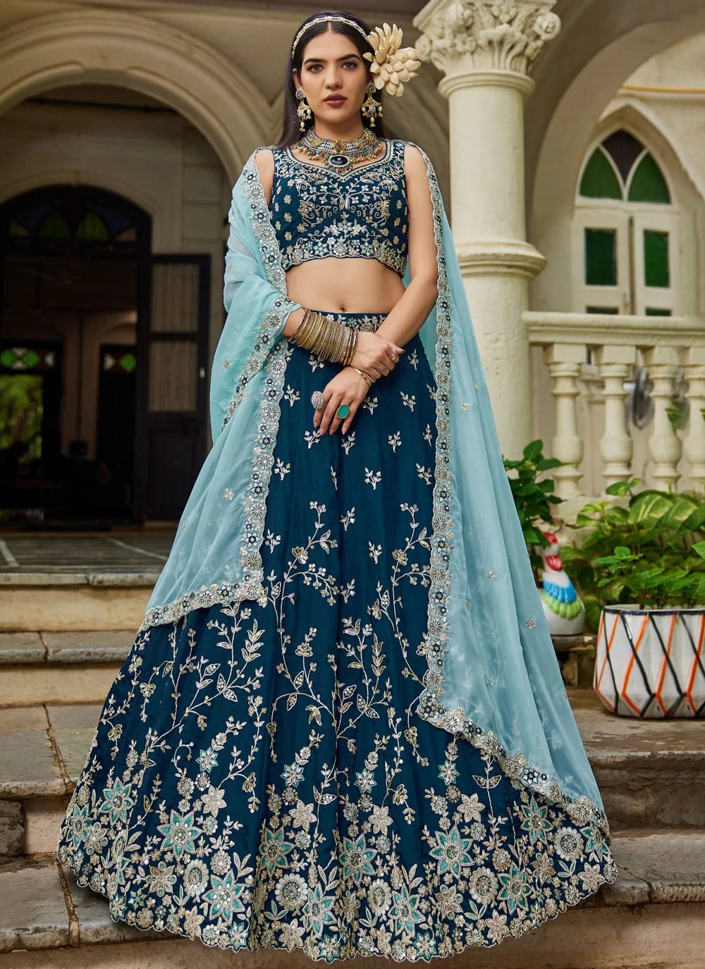 Imperial navy blue organza designer lehenga with sequins embroidery