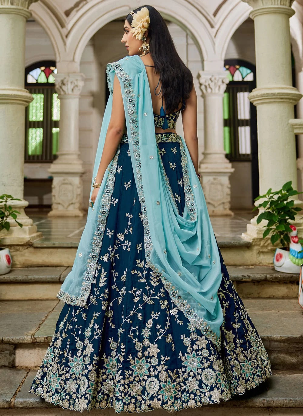 Imperial navy blue organza designer lehenga with sequins embroidery