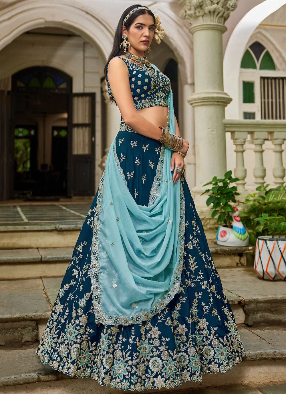 Imperial navy blue organza designer lehenga with sequins embroidery