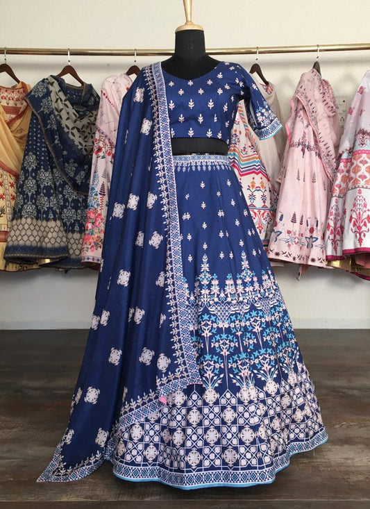 Impressive Navy Blue Silk Base Digital Printed Lehenga Choli