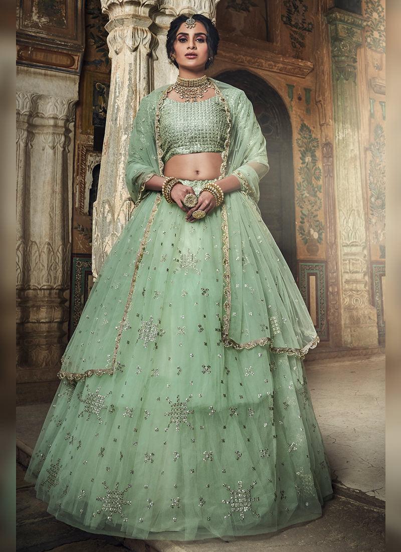 Impressive Sea Green Net Base Designer Sequin Wok Lehenga Choli