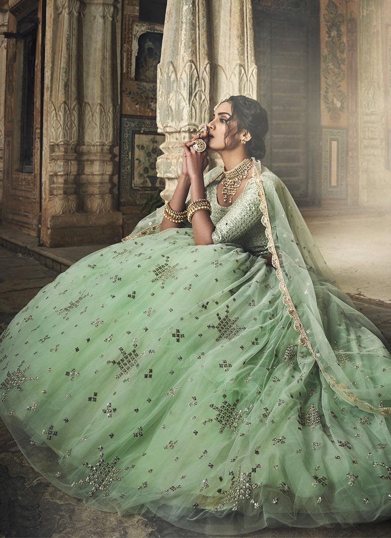 Impressive Sea Green Net Base Designer Sequin Wok Lehenga Choli