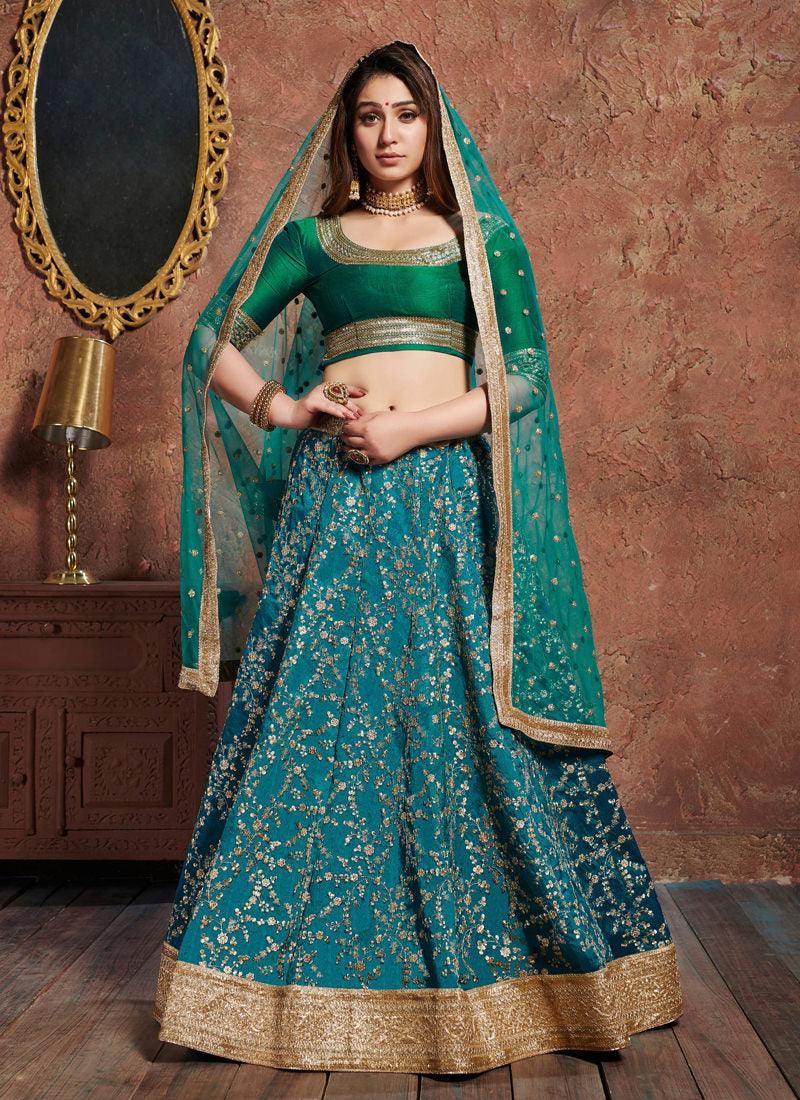 Incredible Green And Blue Art Silk Base Designer Flared Lehenga Choli