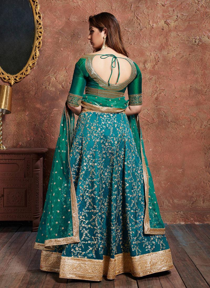 Incredible Green And Blue Art Silk Base Designer Flared Lehenga Choli