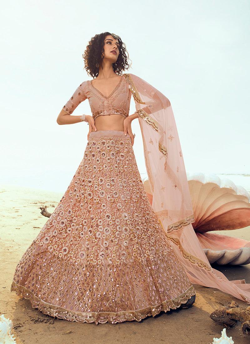 Incredible Peach Soft Net Base Wedding Special Lehenga Choli