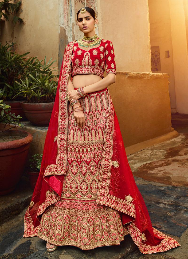 Incredible Red Velvet Base Embroidered Bridal Lehenga Choli