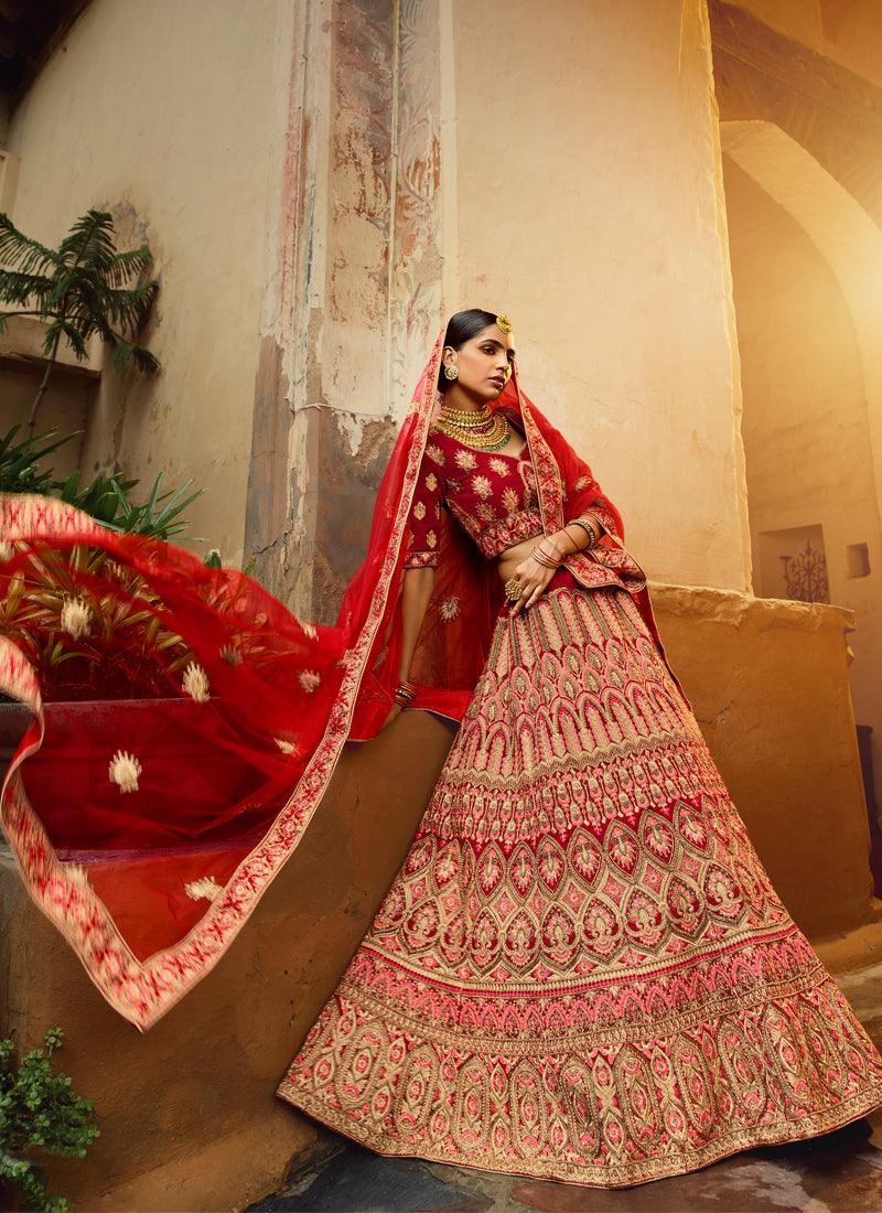 Incredible Red Velvet Base Embroidered Bridal Lehenga Choli