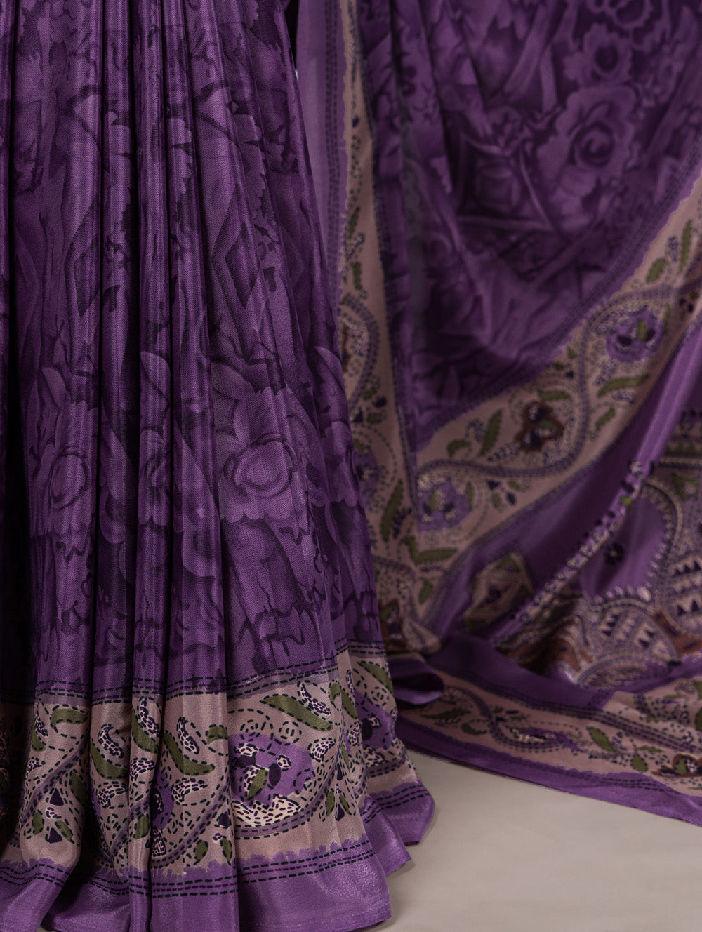 Purple crepe saree with all over print matching blouse