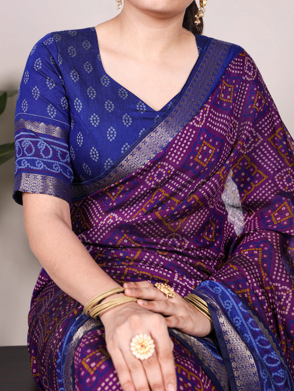Purple viscose chanderi bandhej print saree with zari weaving border blouse piece