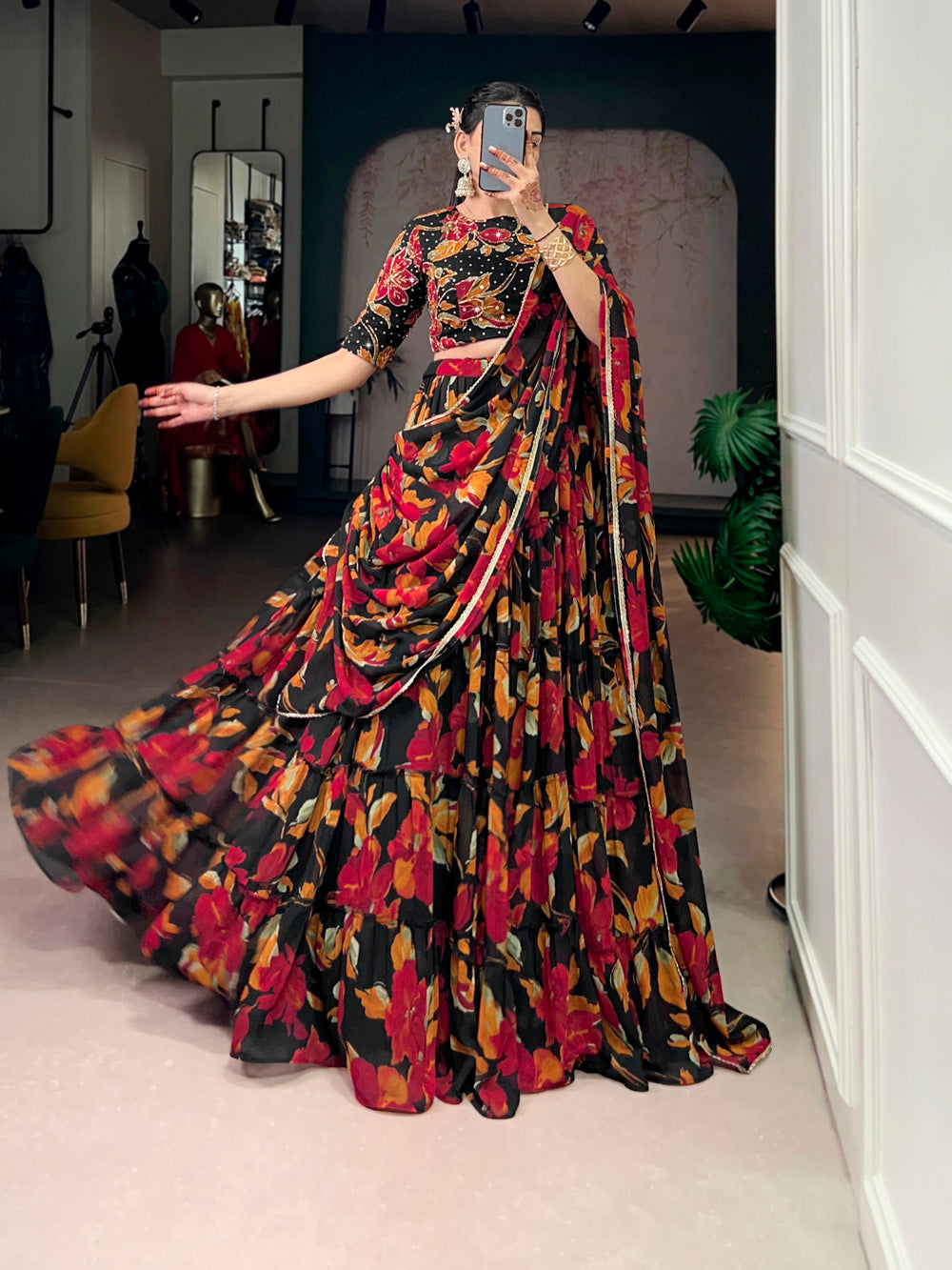 Black floral printed marble lehenga choli with lace dupatta