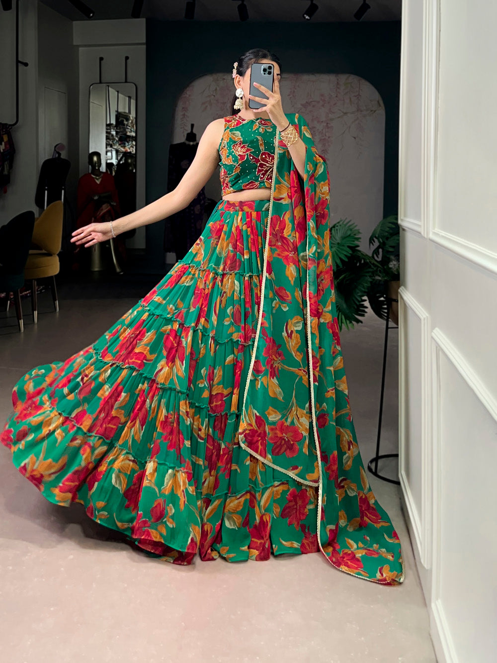 Green floral printed marble lehenga choli with lace dupatta