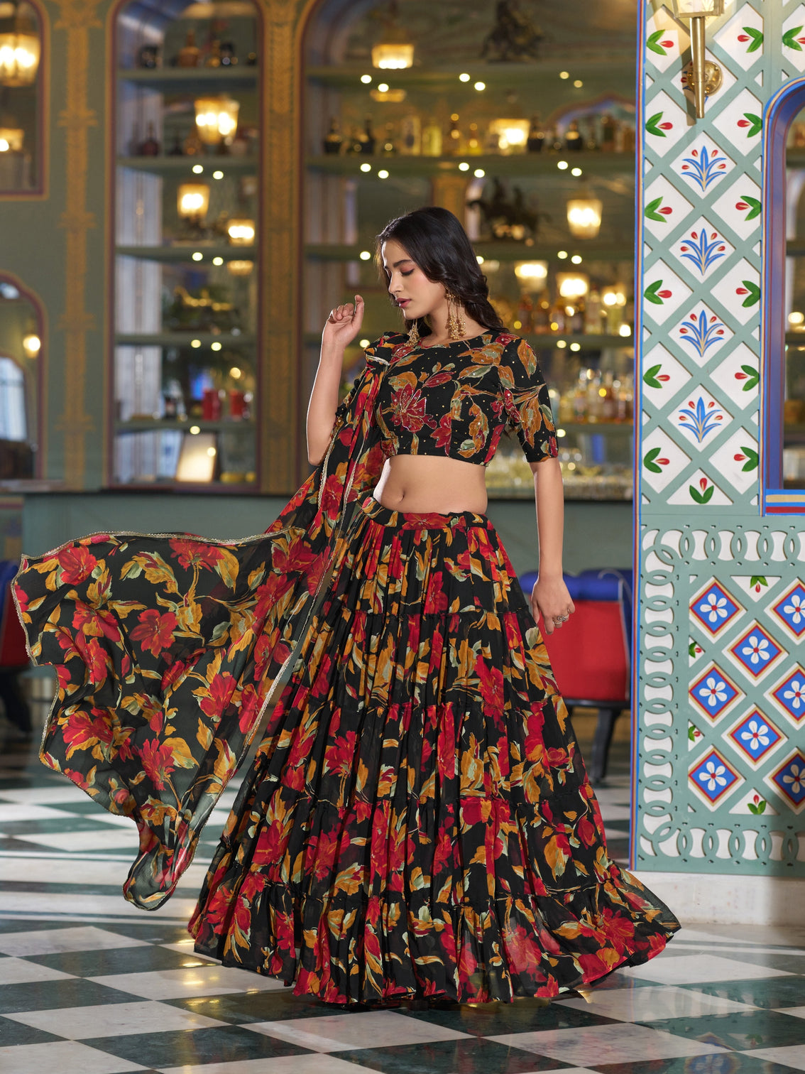 Black color floral printed marbel chaniya choli