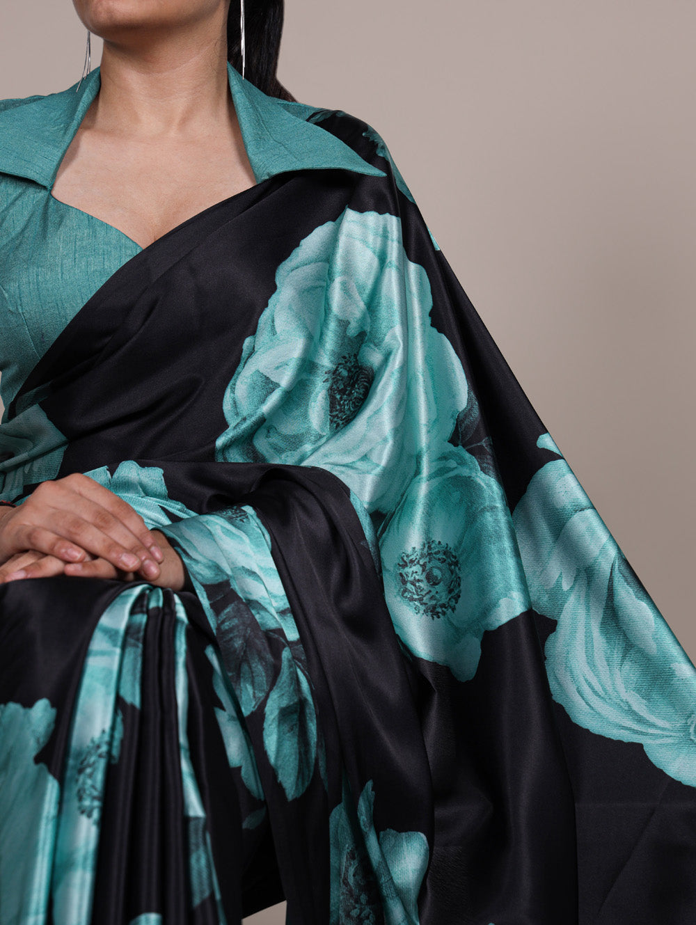 Teal floral printed satin silk saree with matching banglory blouse