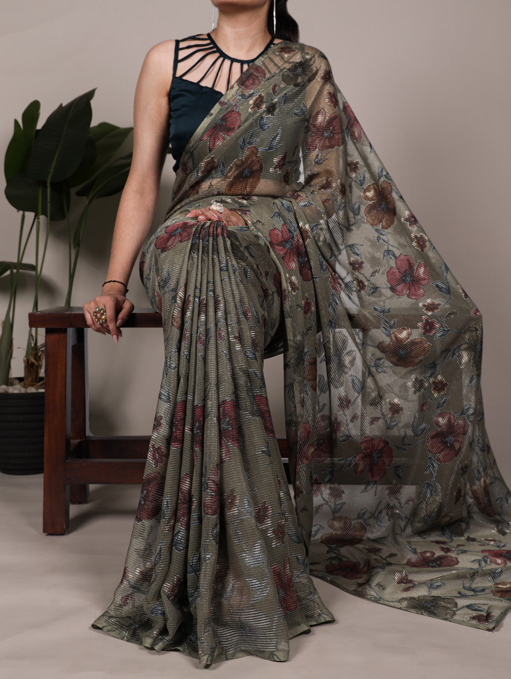 Mehendi floral lurex brasso saree with natural silk blouse