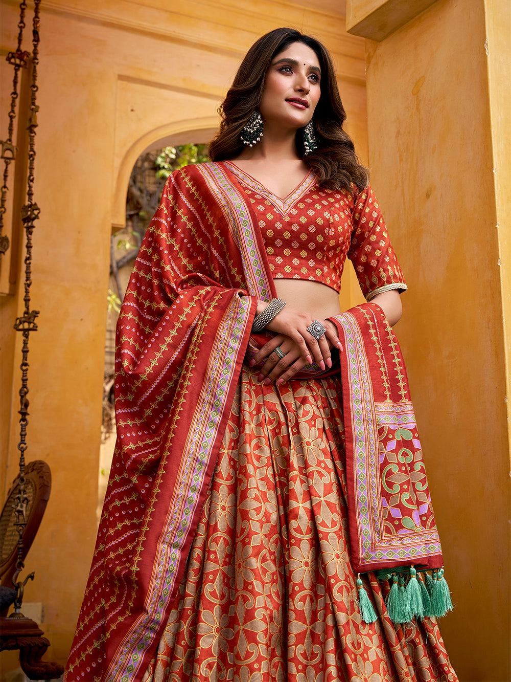 Rust orange color tasar silk lehenga