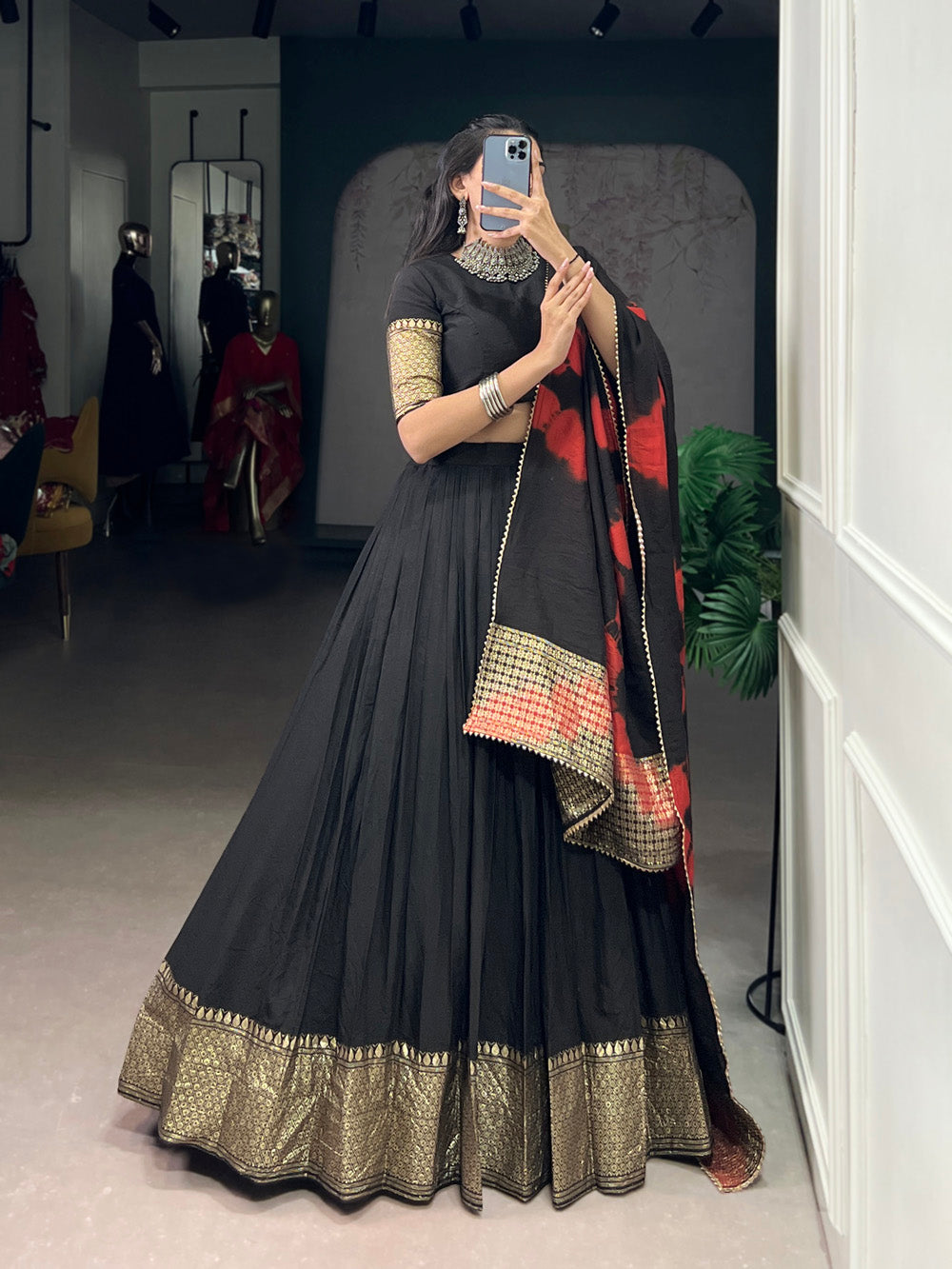 Black color zari weaving work chanderi chaniya choli