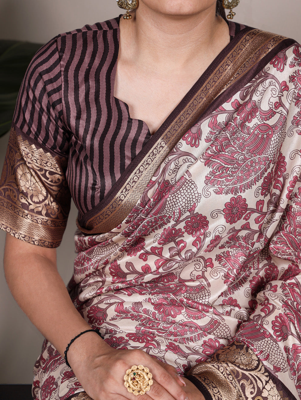Pink color printed tasar silk saree with viscose border