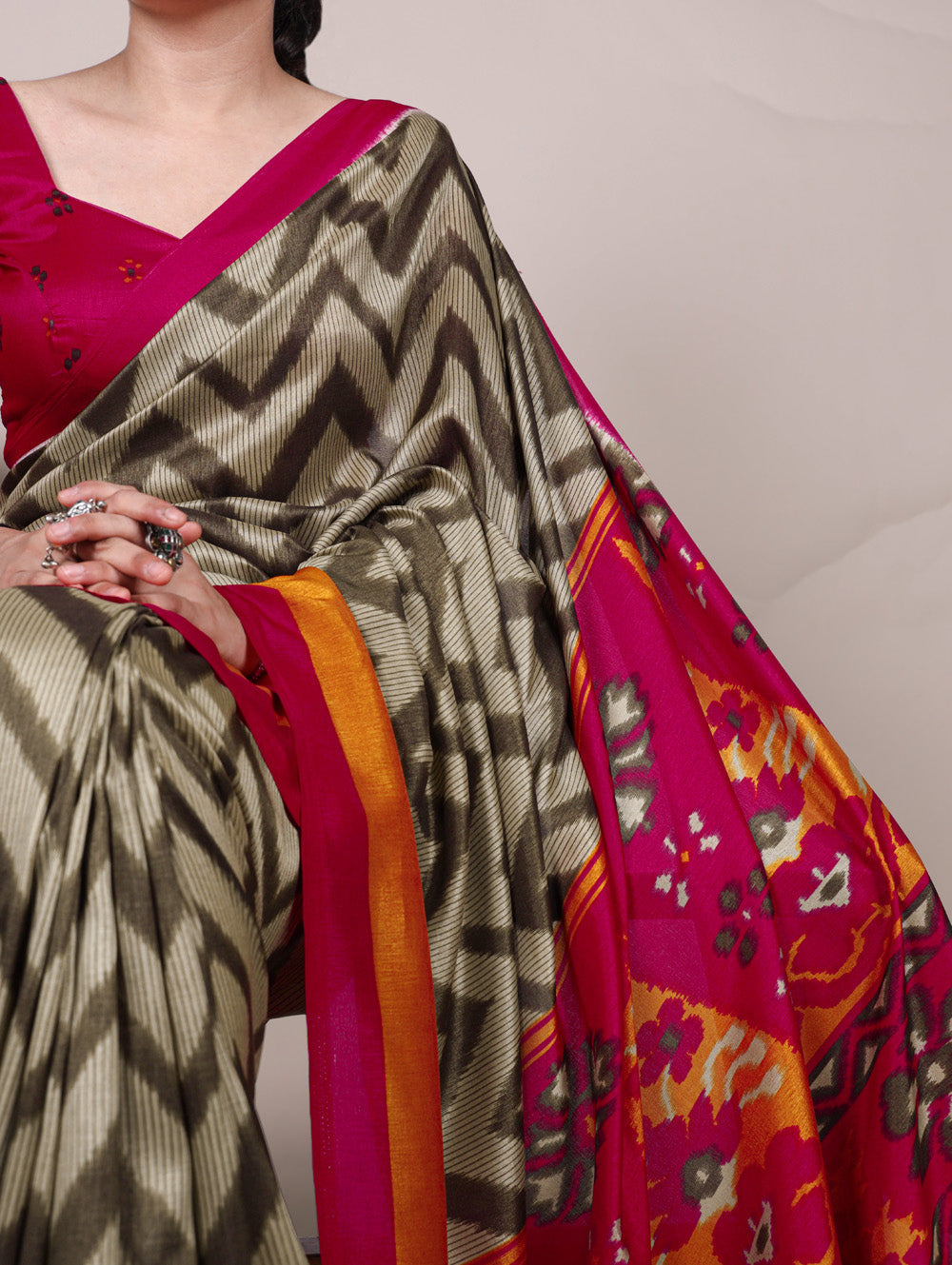 Mehendi green printed tassar silk saree with matching blouse