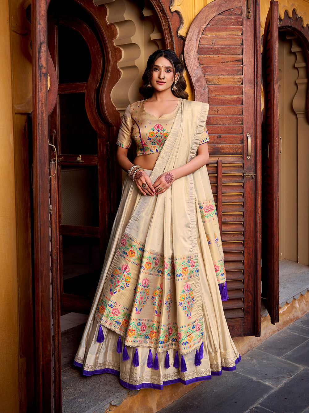 Purple color zari weaving work shimmer lehenga choli