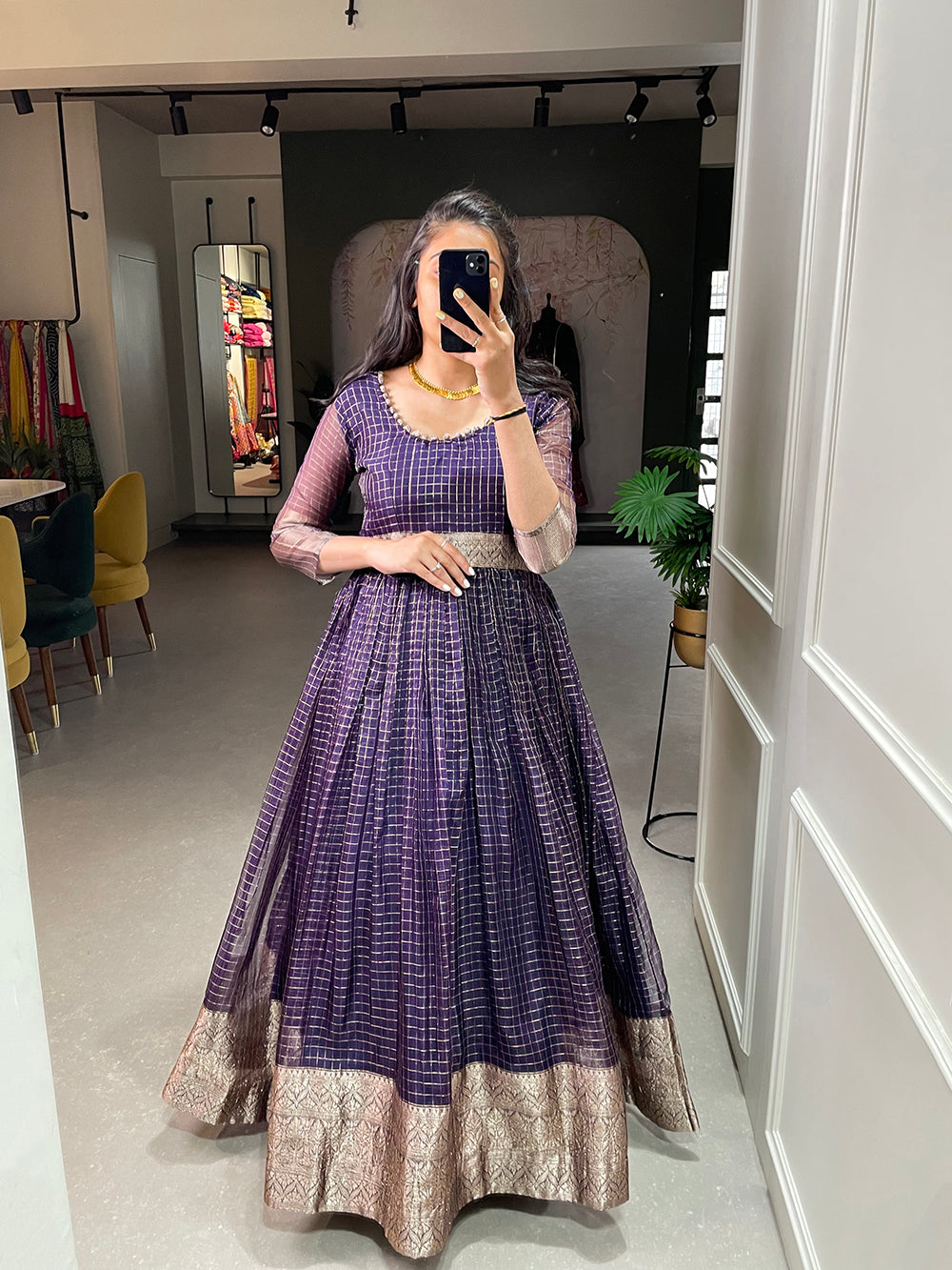 Wine Color Zari Weaving Work Organza Chex Gown