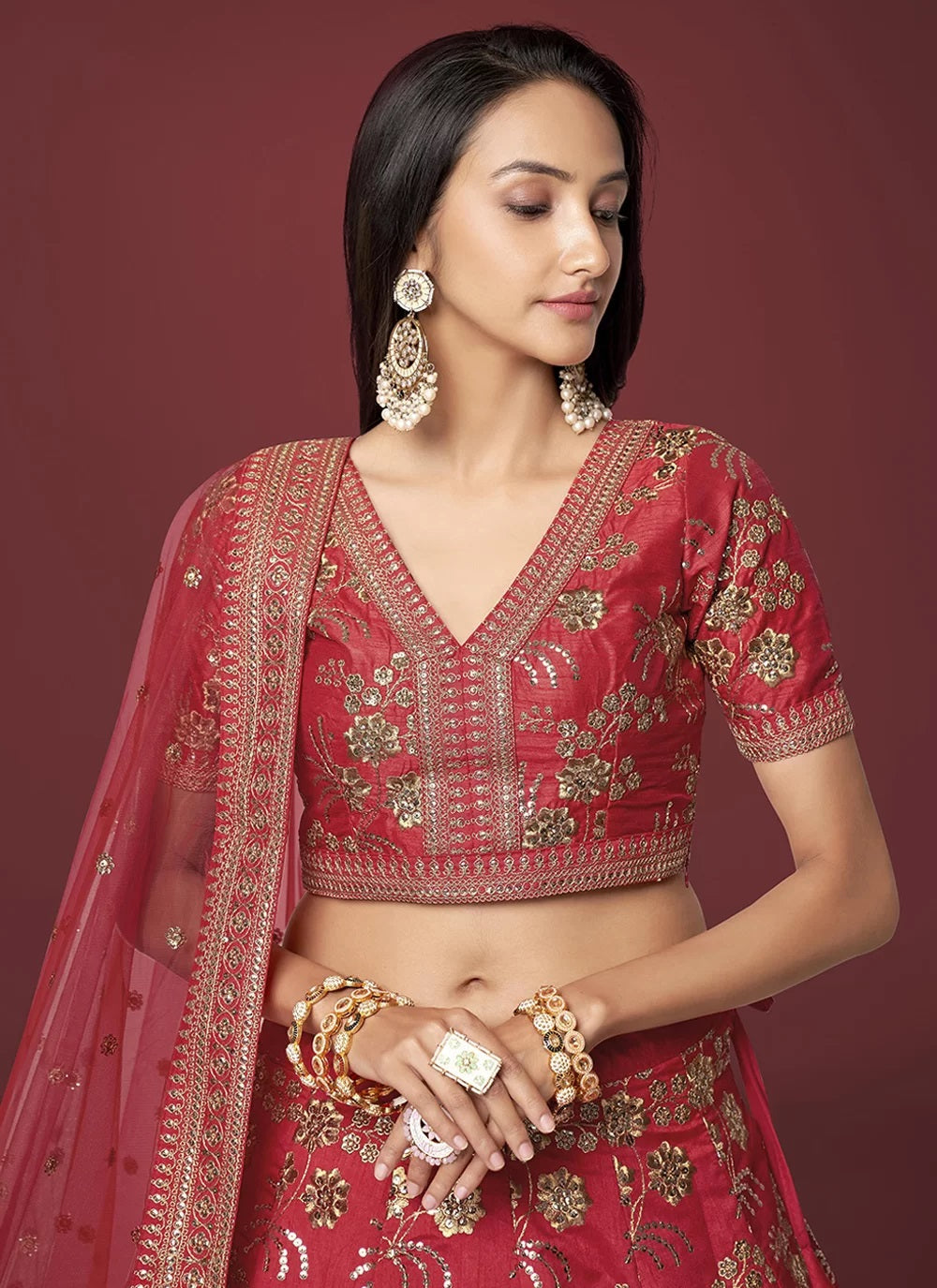 Indian party wear silk sequins embroidered lehenga in red