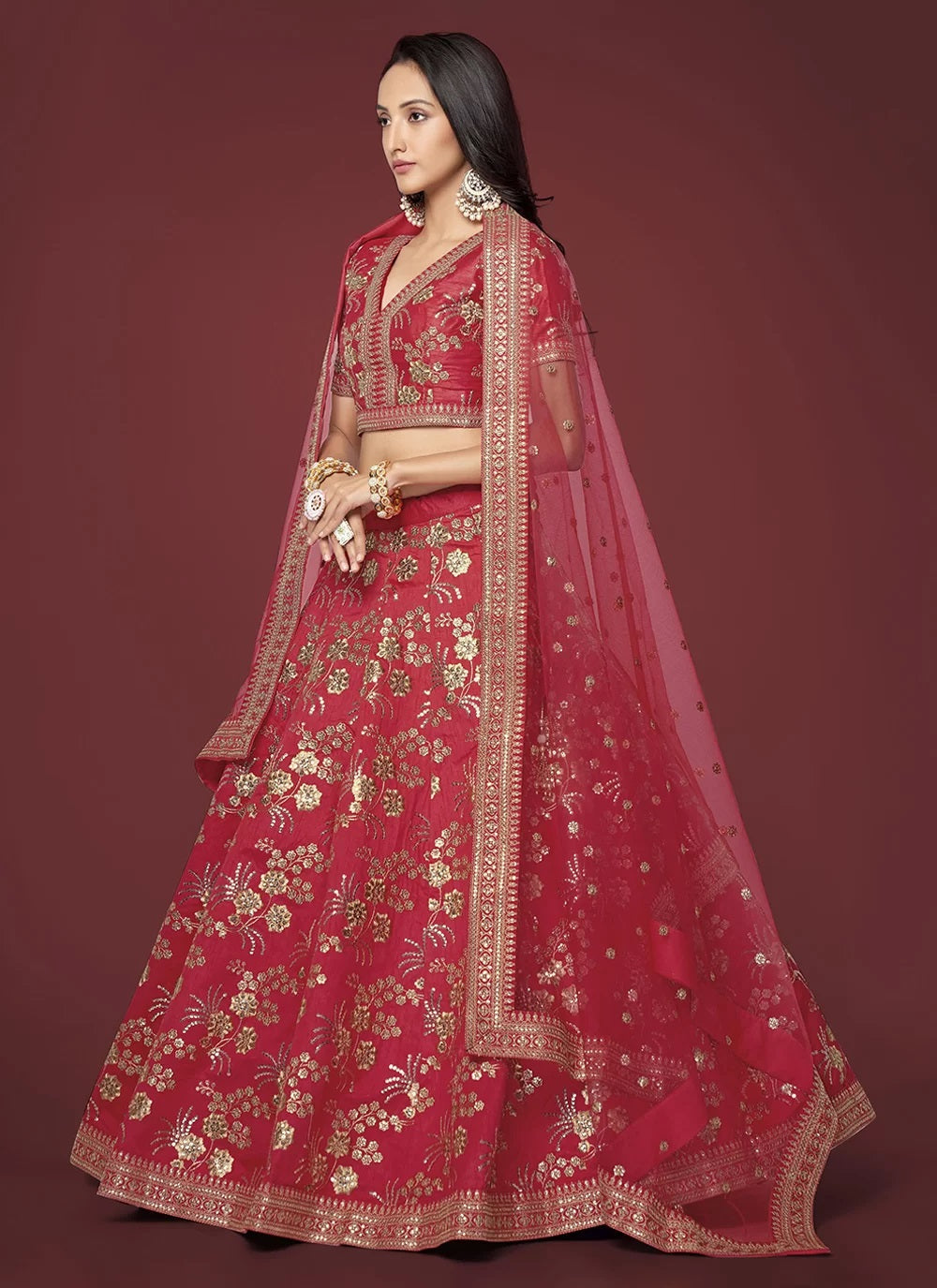 Indian party wear silk sequins embroidered lehenga in red