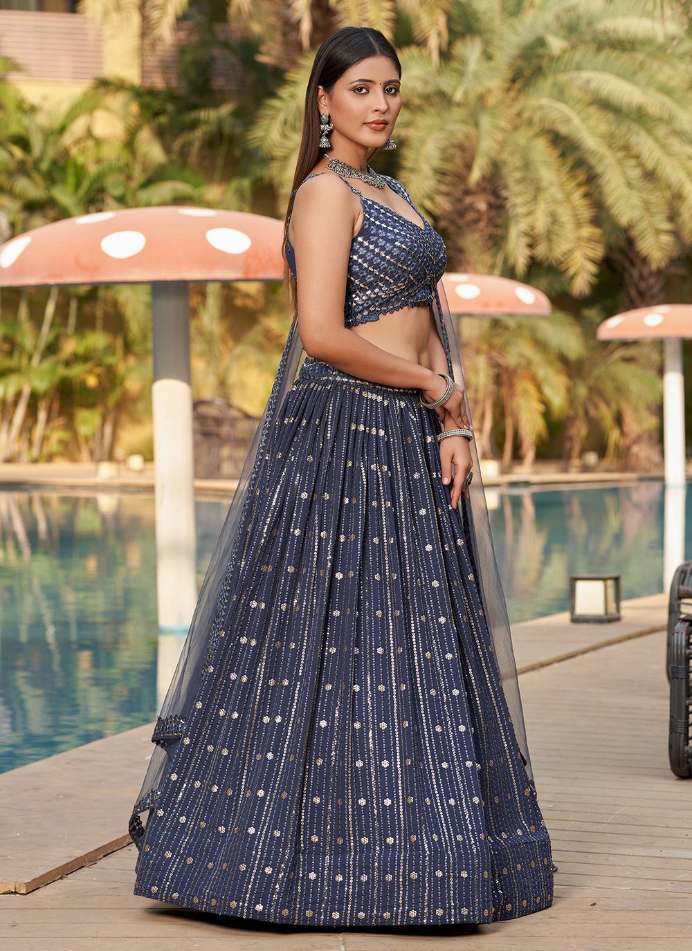 Indian reception wear sequins and mirror work lehenga in grey