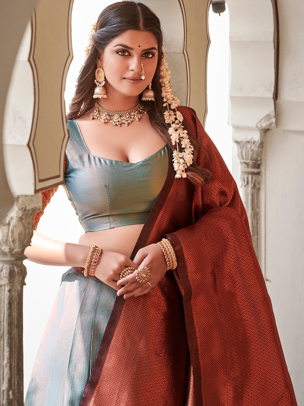 Sky Blue Color Zari Weaving Work Jacquard Silk Pattu Lehenga Choli