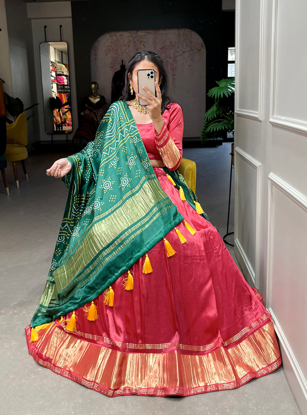 Salmon color dyeing with lagdi patta gaji silk lehenga choli