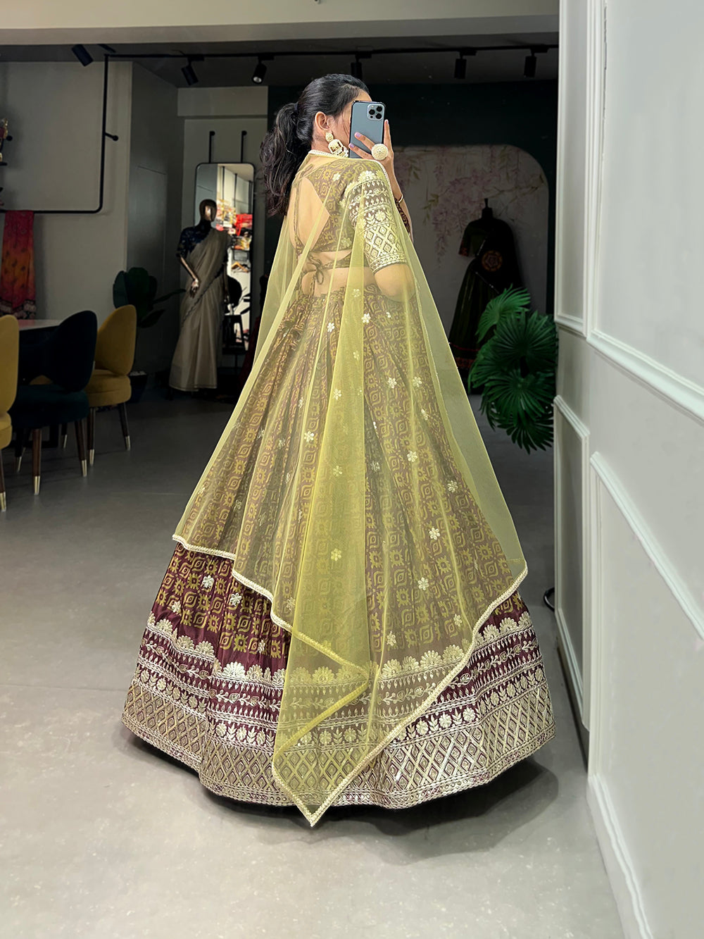 Brown Color Digital Printed Sequins And Embroider Work Chinon Indian Lehenga Choli