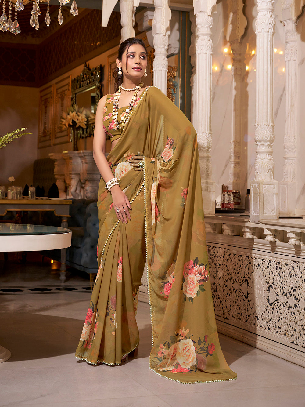 Brown georgette plain saree with printed pearl lace border