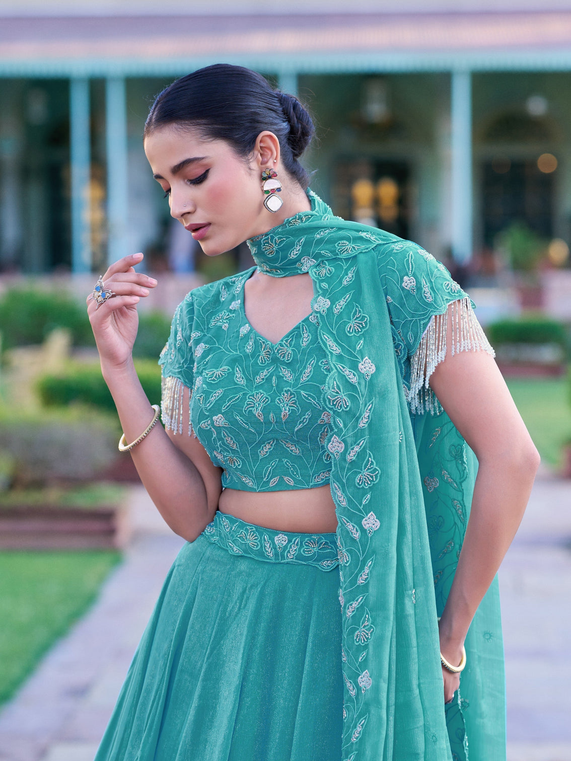 Sky blue color gold coin embroidery lehenga choli