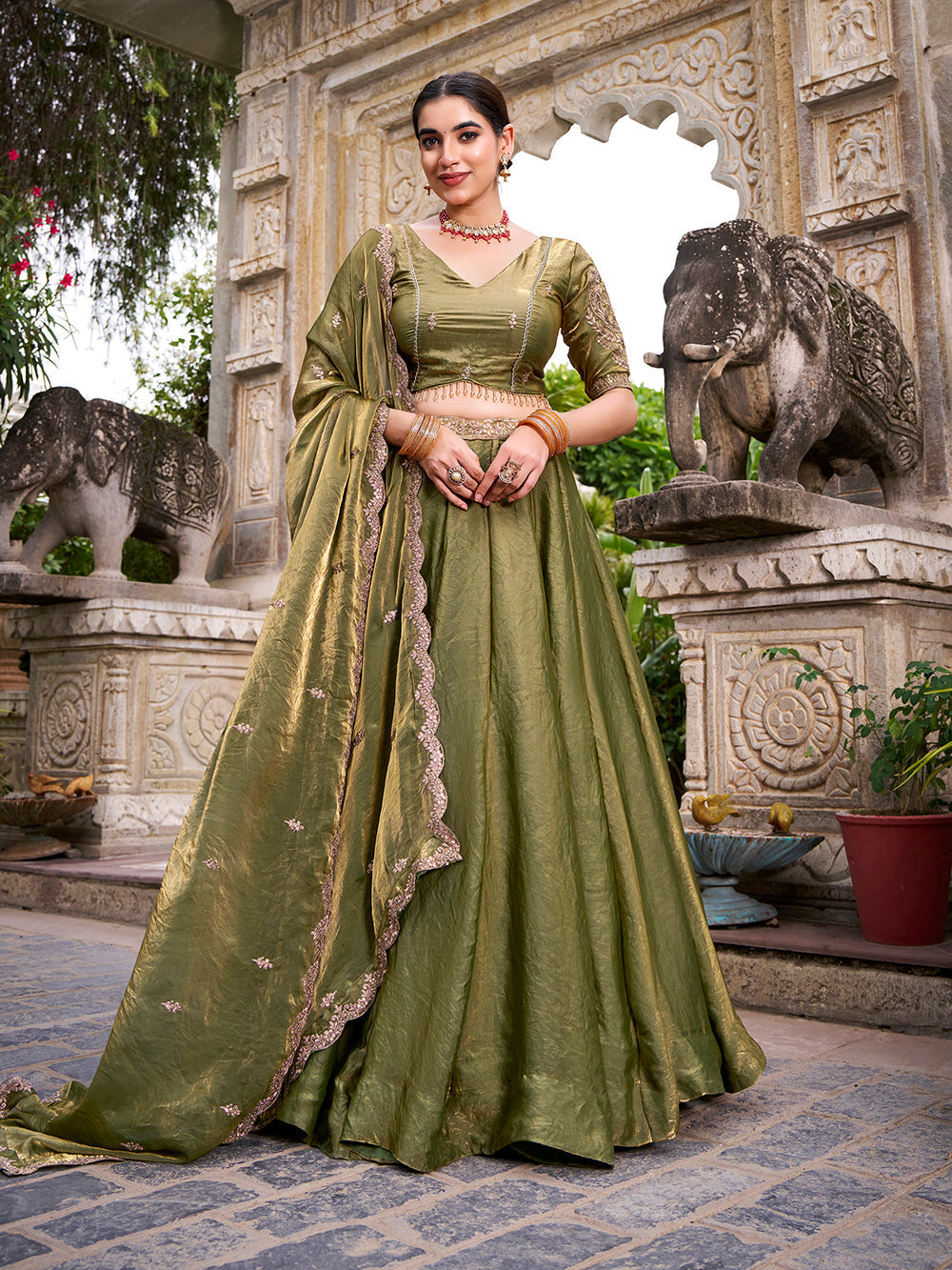 Mehandi green fendi sequins thread embroidered lehenga choli with dupatta