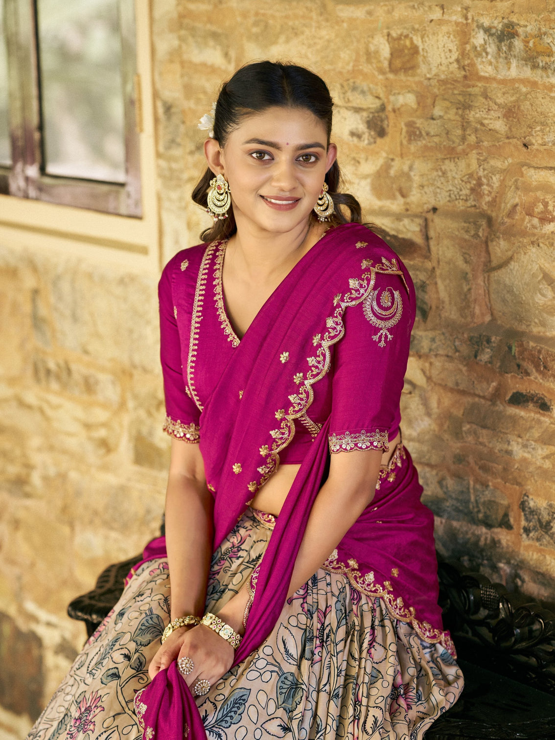 Embroidery work with kalamkari print lehenga choli