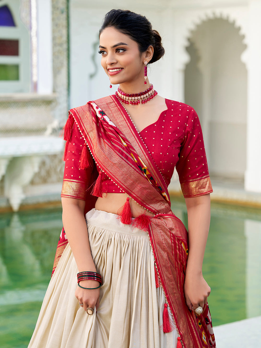 Off white tasar silk lehenga choli with hyderabadi patola print foil work