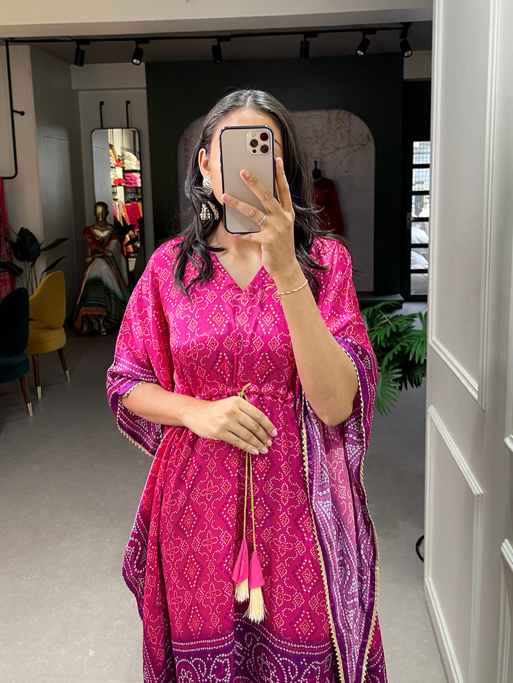 Pink Color Bandhej Printed Gaji Silk Kaftan