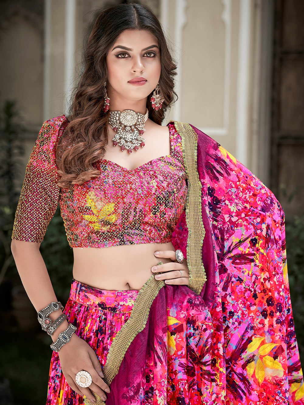 Pink Color Digital Print With Sequins Embroidery Work Crushed Chinon Lehenga Choli