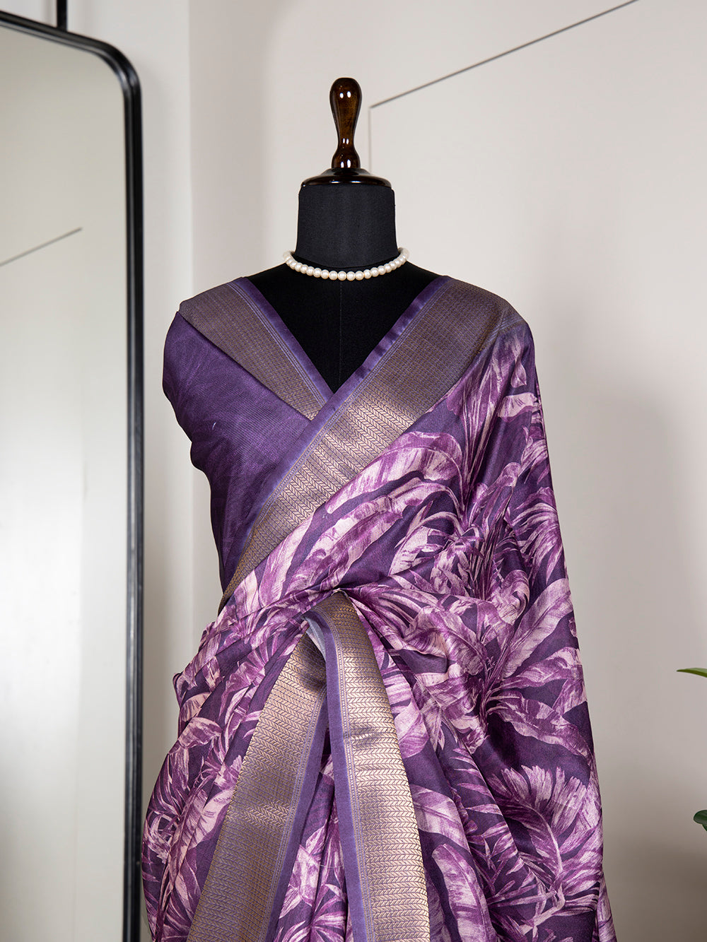 Purple Color Printed With Zari Border Dola Silk Saree