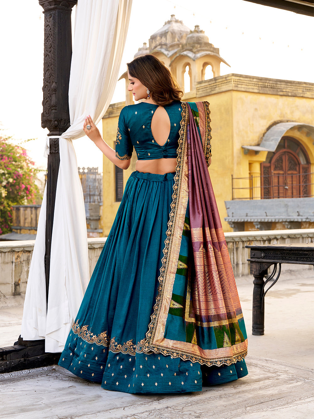 Firozi wedding wear vichitra silk lehenga choli with sequins thread embroidery