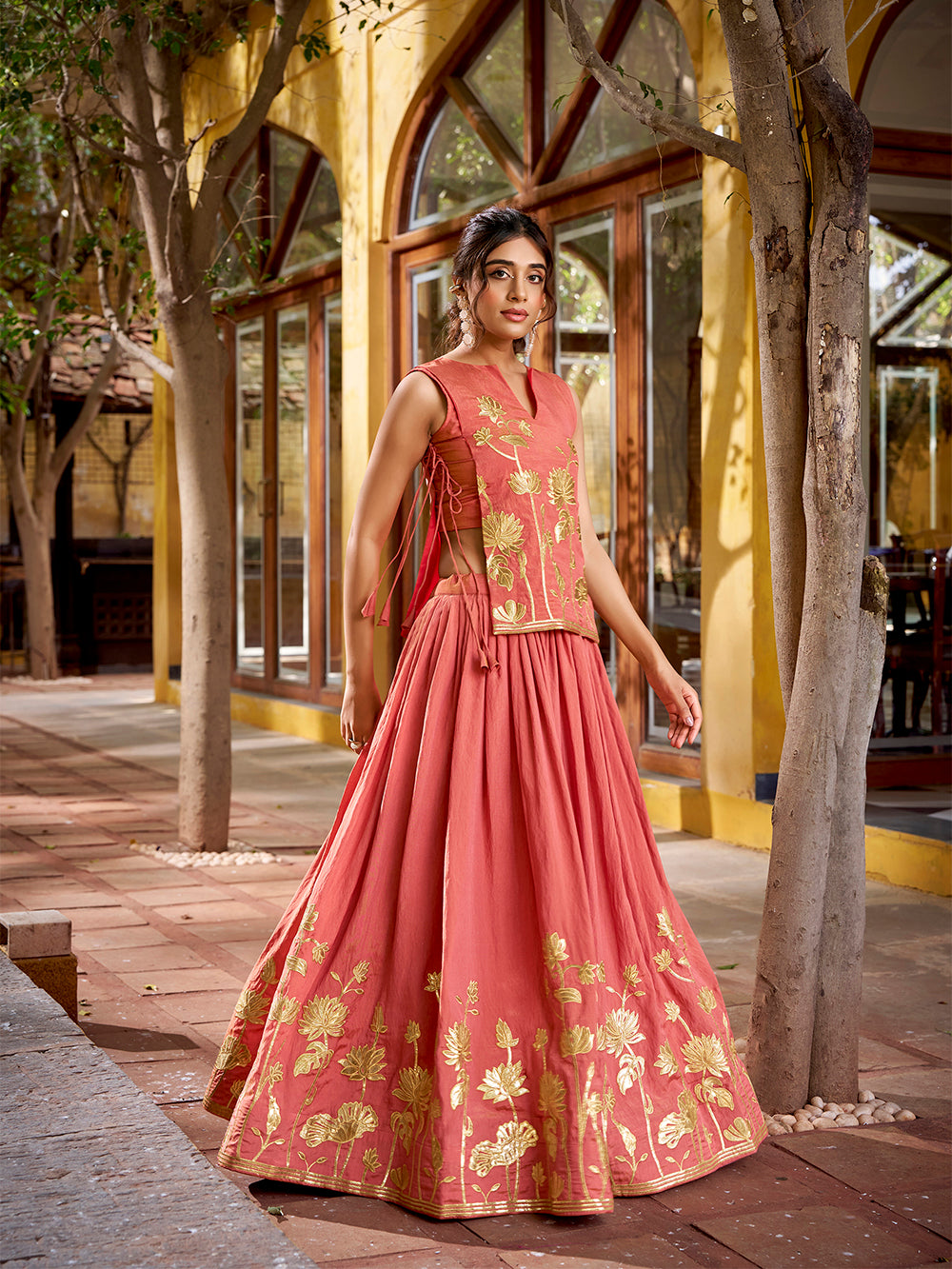 Salmon shimmer lehenga choli with thread embroidery foil work