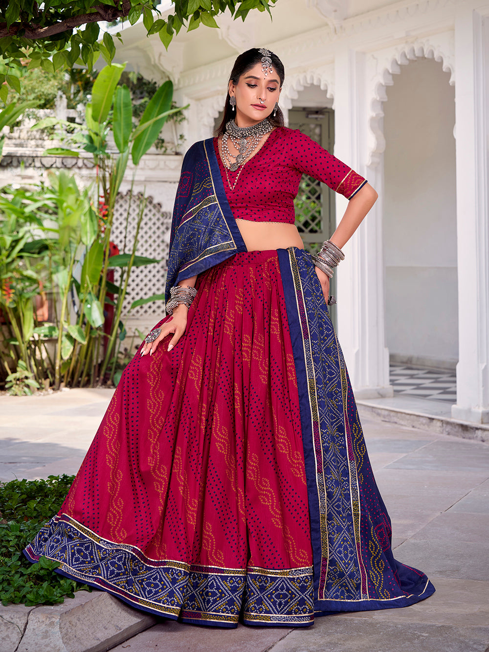 Pink tasar silk bandhej print lehenga choli with gotta patti lace work 4 meter flair