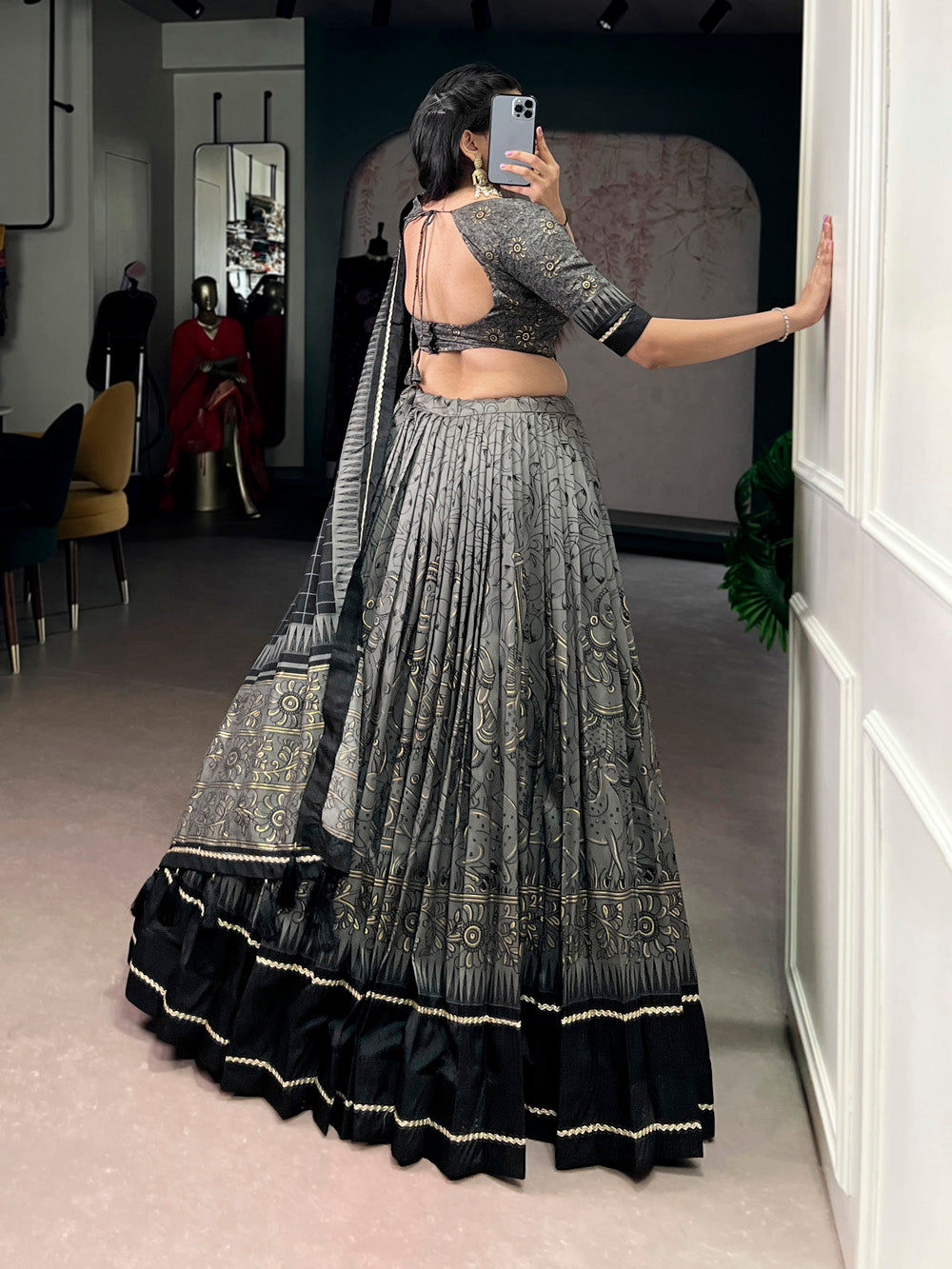 Gray color kalamkari printed lehenga choli