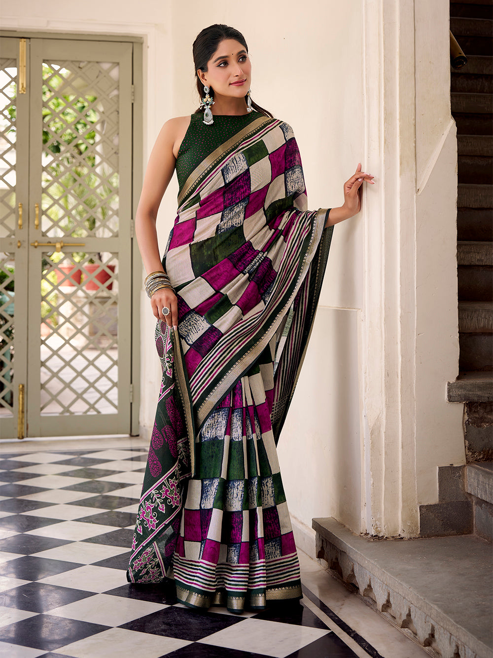 Green viscose chanderi check print saree with temple lace border blouse piece